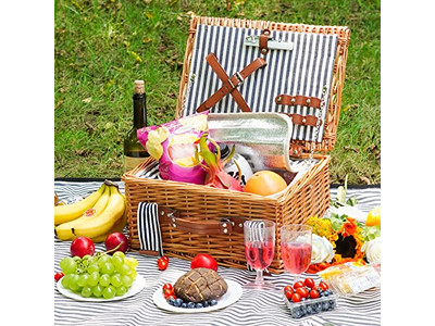 Cesta de Picnic y Accesorios Rodante de Mimbre Plegable Conjunto de Cesta para 4 Personas