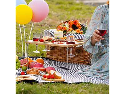 Cesta de Picnic de Madera Tejida Utensilios Aislados Conjunto de Cuero Personalizado Económico para 2